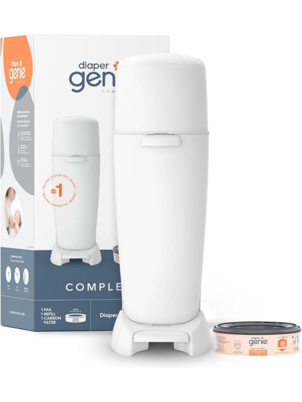 Complete Diaper Pail with Refill & Carbon Filter - Holds 270 Newborn Diapers
